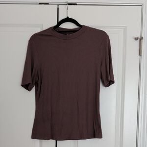 SHEIN Ribbed Short Sleeve Top in Brown Size Curve 0XL